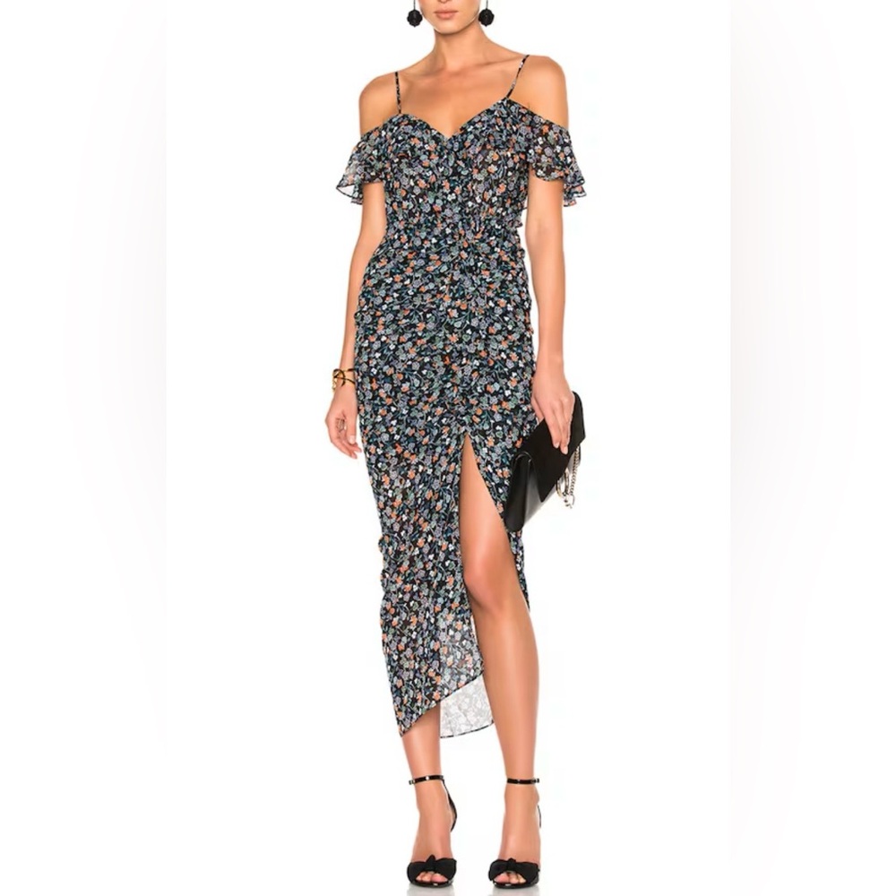 Veronica Beard Marilyn Cold Shoulder Ruffle Dress – Black Multi Floral (Size 2)
